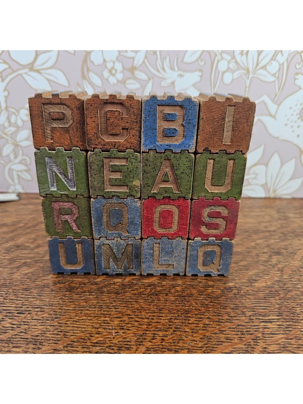 Vintage Interlocking Wooden Alphabet Blocks Lot 16 ABC Picture Toy Raised Stripe